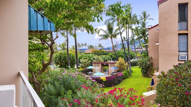 A lush garden with palm trees, a pool area, and a building with a red roof.