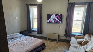 Une chambre à coucher avec un lit, un canapé, une télévision et un radiateur.