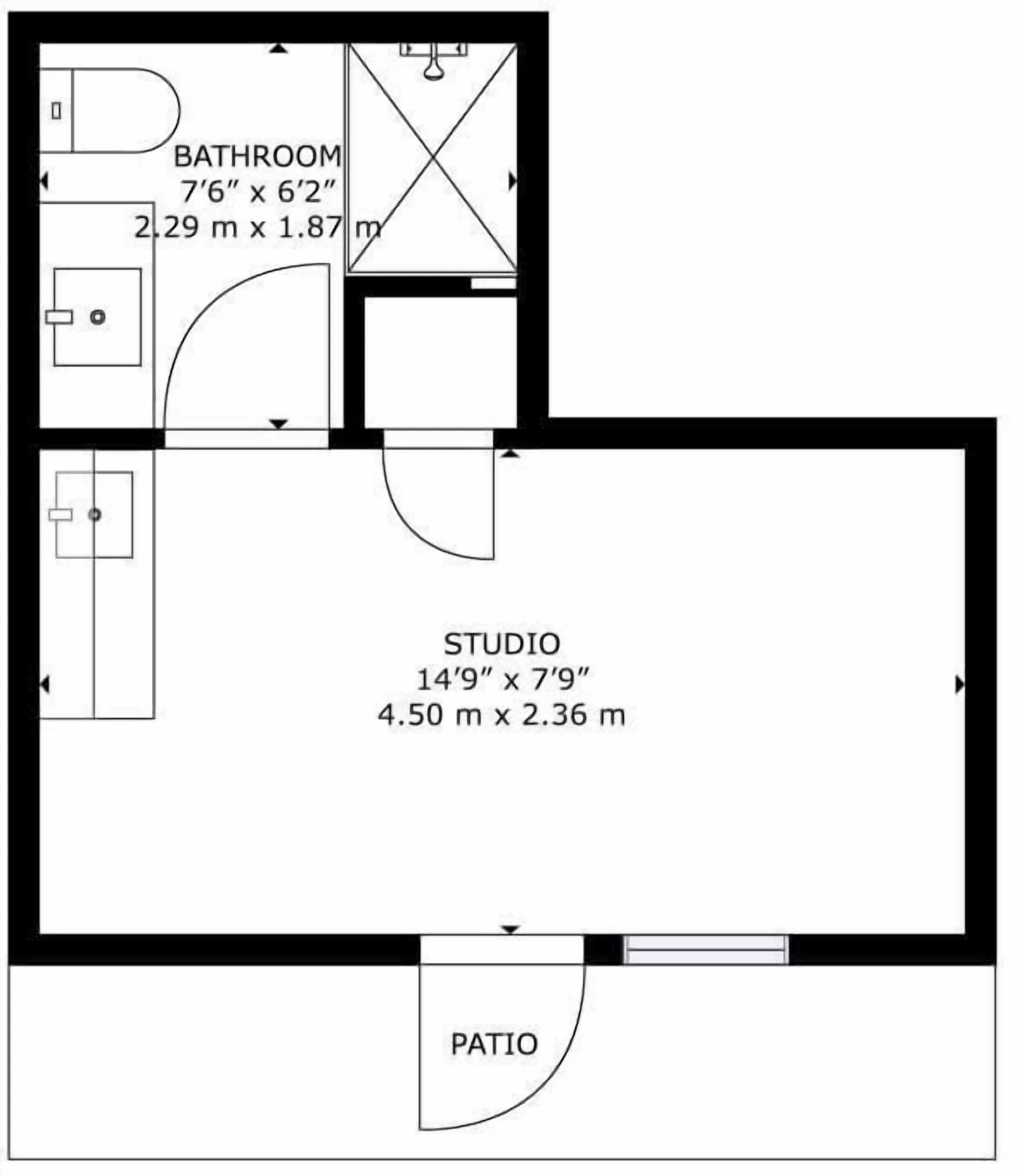A floor plan with a bathroom, studio, and patio.
