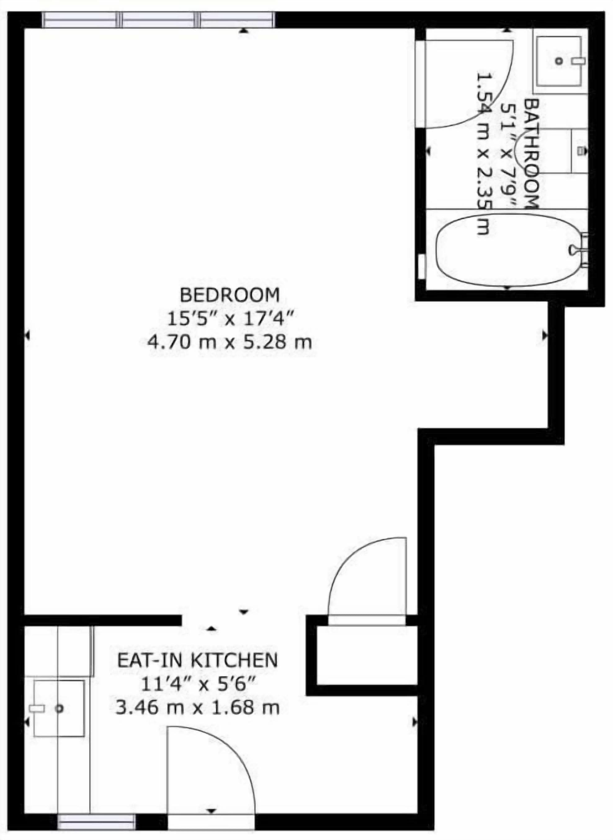 A floor plan with a bedroom measuring 4.70 m x 5.28 m, an eat-in kitchen measuring 3.46 m x 1.68 m, and a bathroom measuring 1.54 m x 2.35 m.