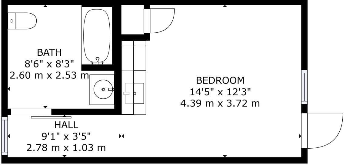 A floor plan with a bathroom measuring 8'6' x 8'3', a bedroom measuring 14'5' x 12'3', and a hall measuring 9'1' x 3'5'.