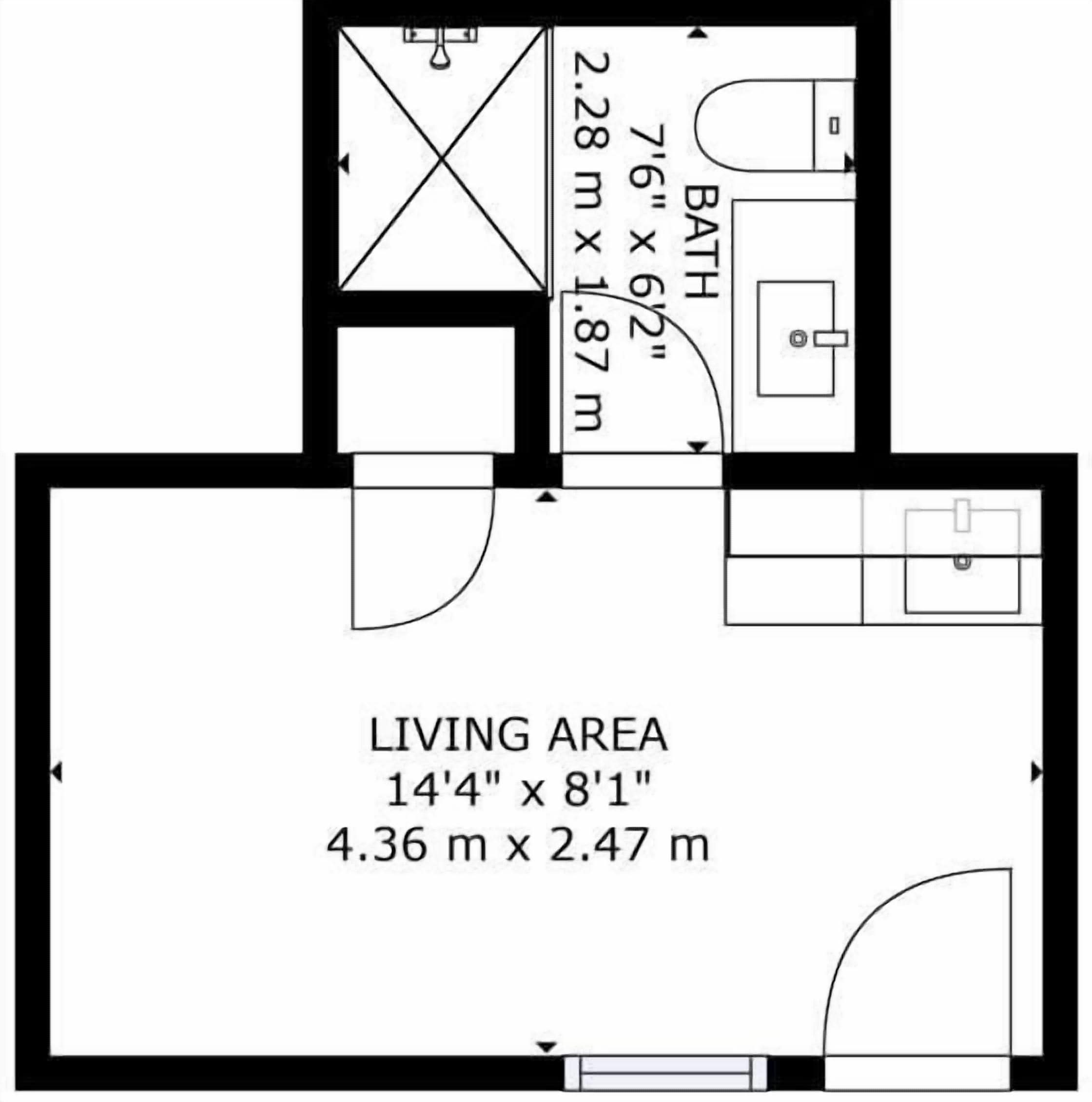 A floor plan with a living area measuring 14'4' x 8'1' and a bathroom measuring 7'6' x 6'2'.