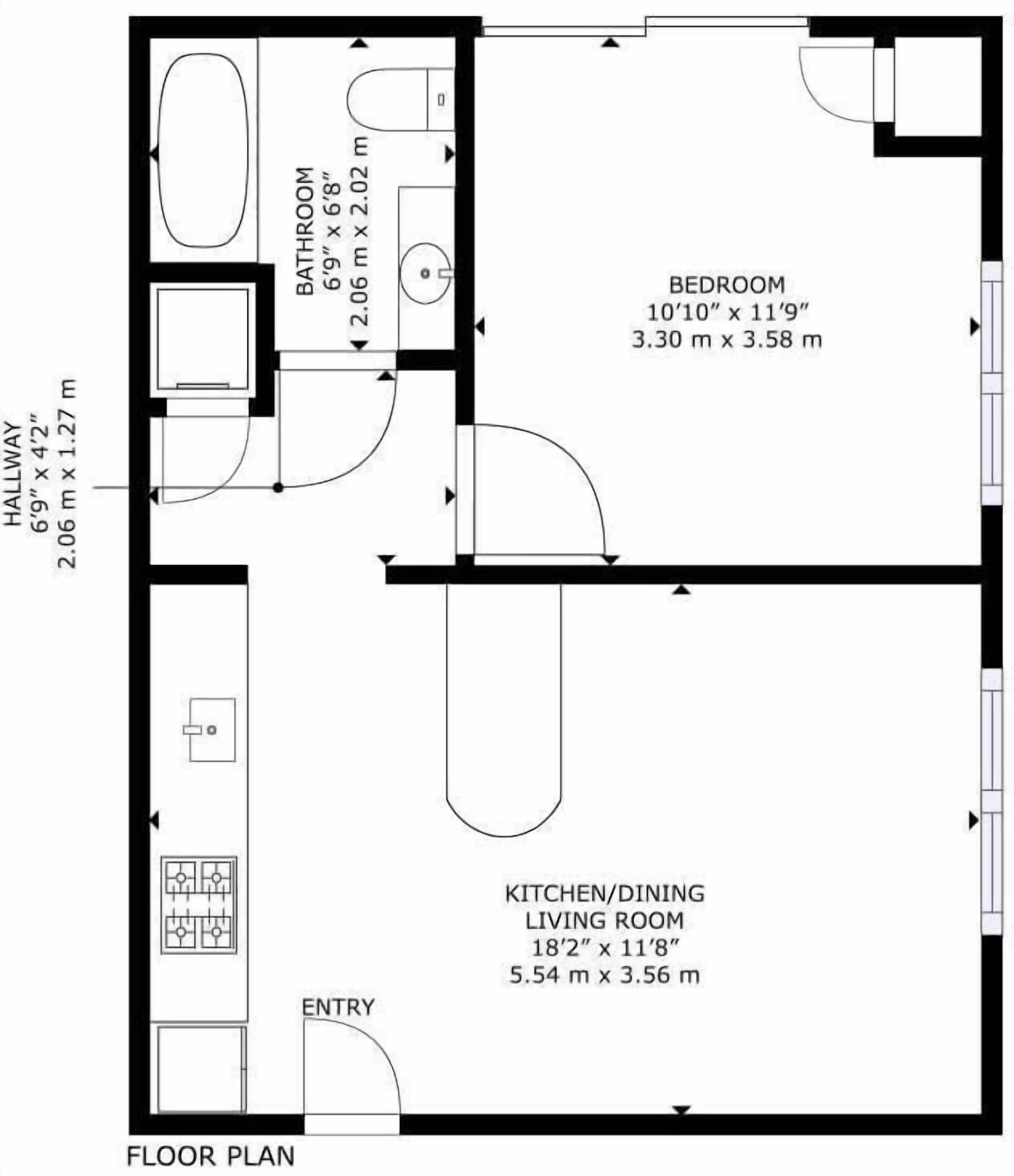 A floor plan with a living room, kitchen, bathroom, and bedroom.
