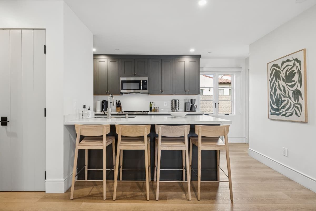 A modern kitchen with a central island, bar stools, and a microwave.