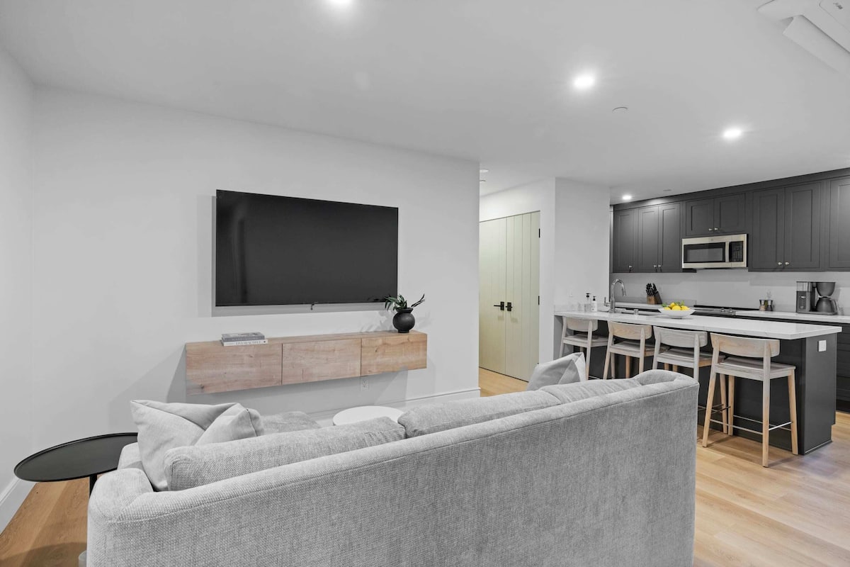 Enjoy a modern kitchen and living space with a sleek kitchen, comfortable seating area, and flat-screen TV.