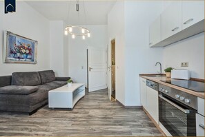 Fridge, stovetop, dishwasher, coffee/tea maker