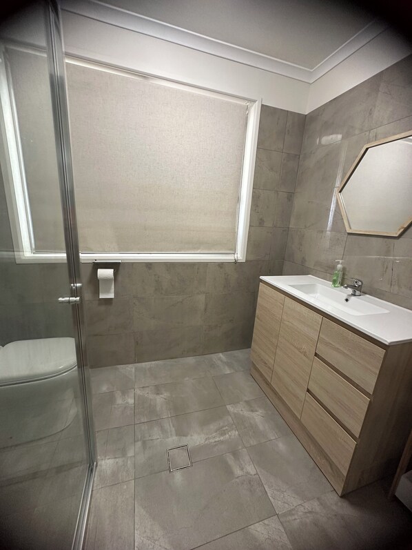A modern bathroom with a glass shower enclosure, a toilet, a sink with a mirror, and a window. - Creek Front House (Valley View)