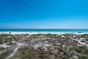 Una playa con dunas de arena, cielo azul despejado y mar tranquilo.