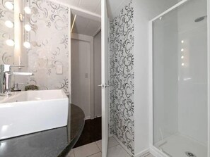 Shower, hair dryer, towels, shampoo