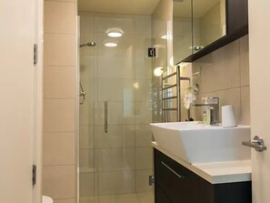 Chuveiro, secador de cabelo, toalhas de banho, sabonete