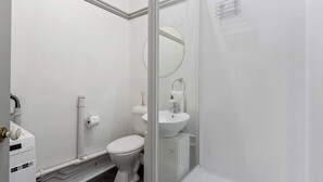 A bathroom with a toilet, sink, and shower enclosure.