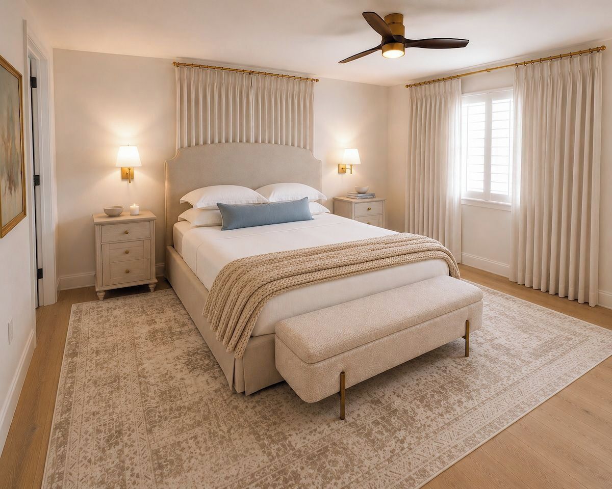 A bedroom with a bed, bedside tables, a ceiling fan, and curtains.