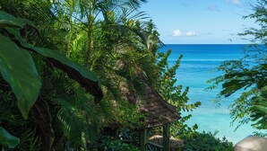 Un jardin tropical luxuriant offrant une vue dégagée sur l’océan.