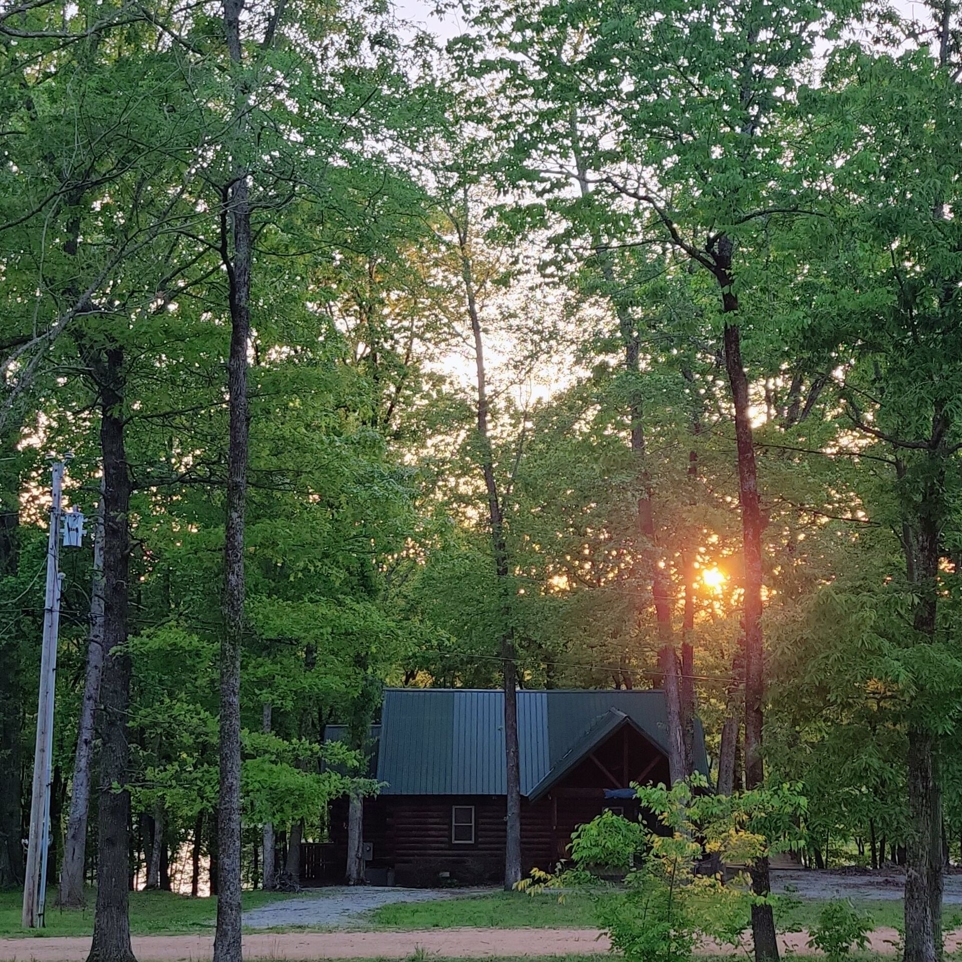 A cabin surrounded by trees with a view of the sunset.