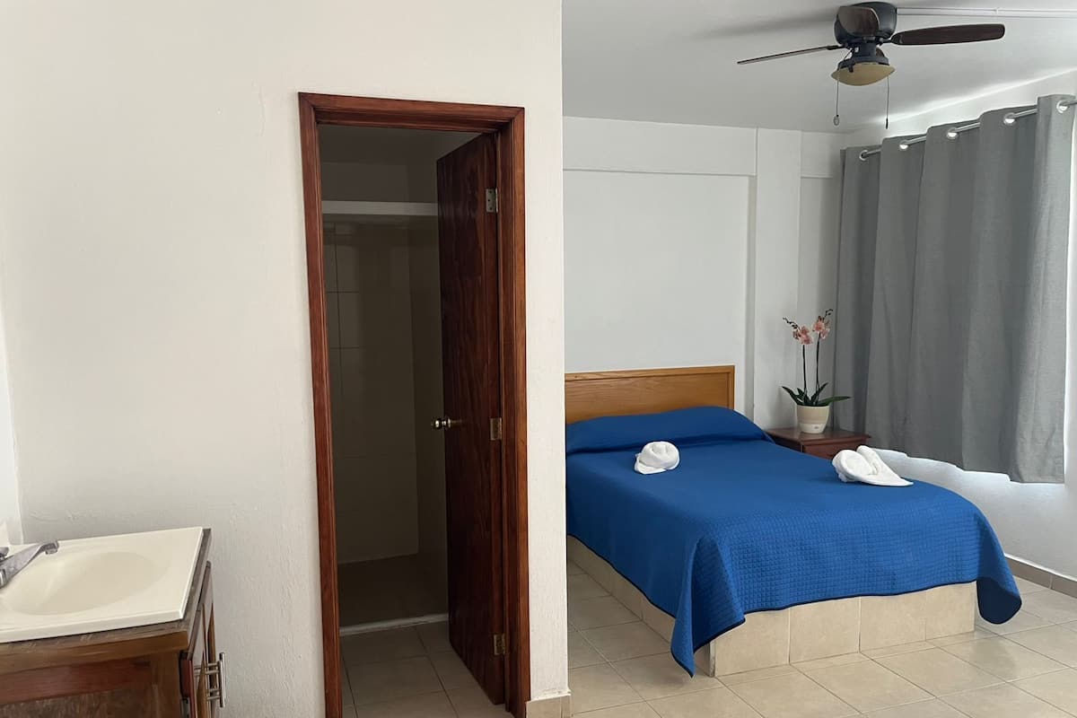 A hotel room with a bed, a bathroom, and a ceiling fan.