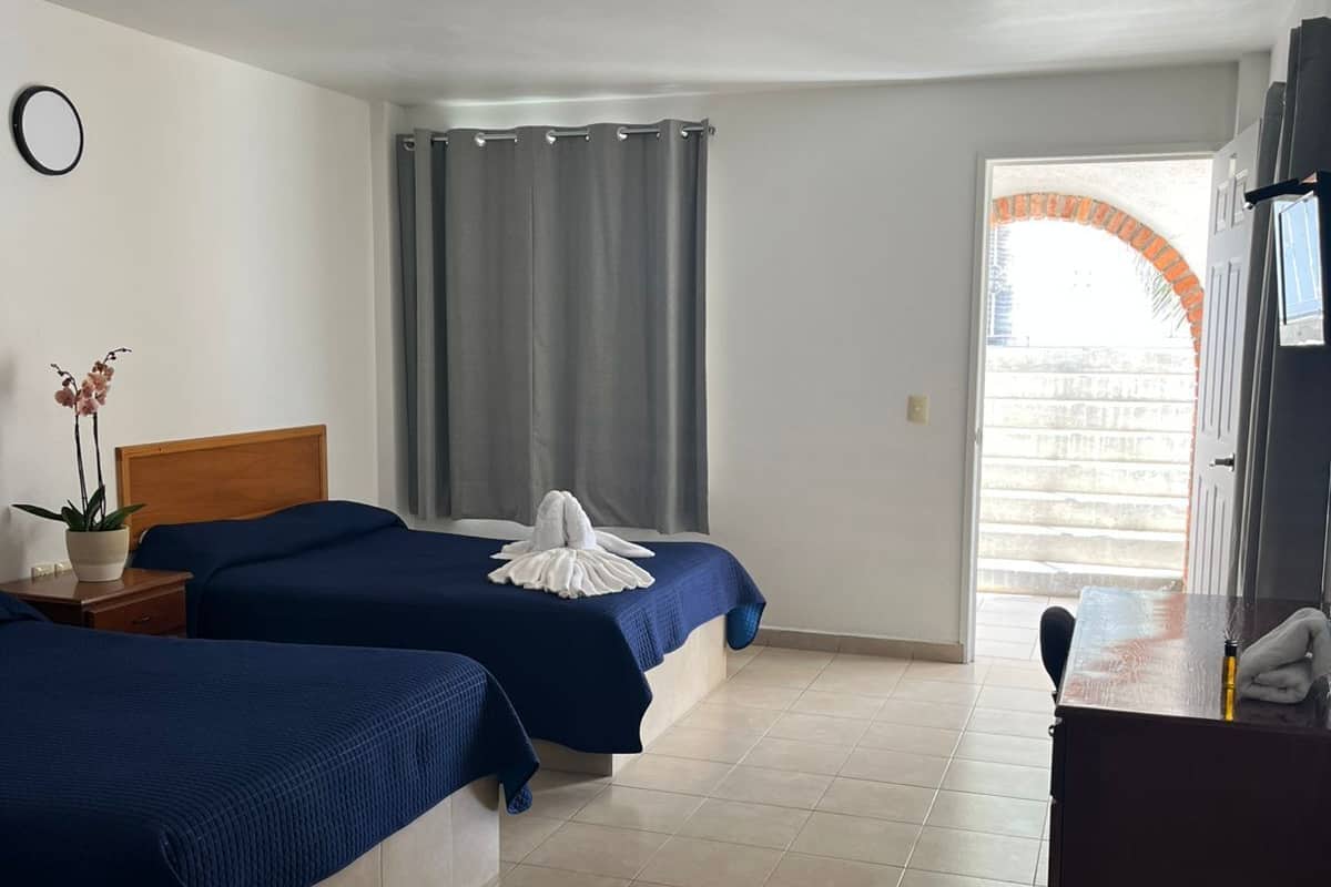 A hotel room with two beds, a desk, a chair, a potted plant, and a view of the outside.