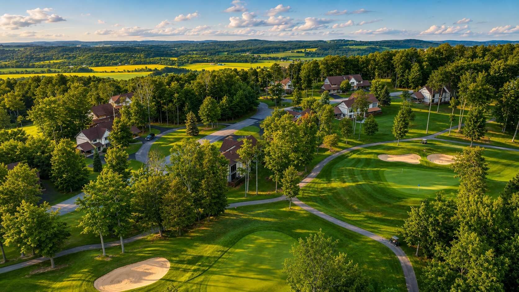 A residential area with houses, a golf course, and a clear sky.