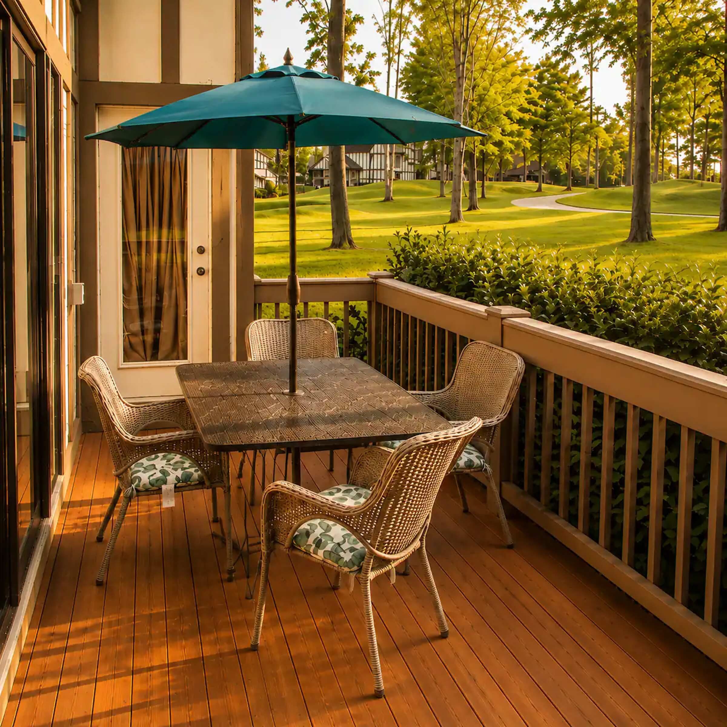 Take breakfast outside and watch the resort wake up around you. The deck gives the group a quieter place to start before the day splits off.
