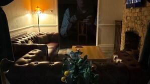 Ein gemütliches Wohnzimmer mit Ledersofa, Holztisch und einer Topfpflanze mit gelben Früchten.