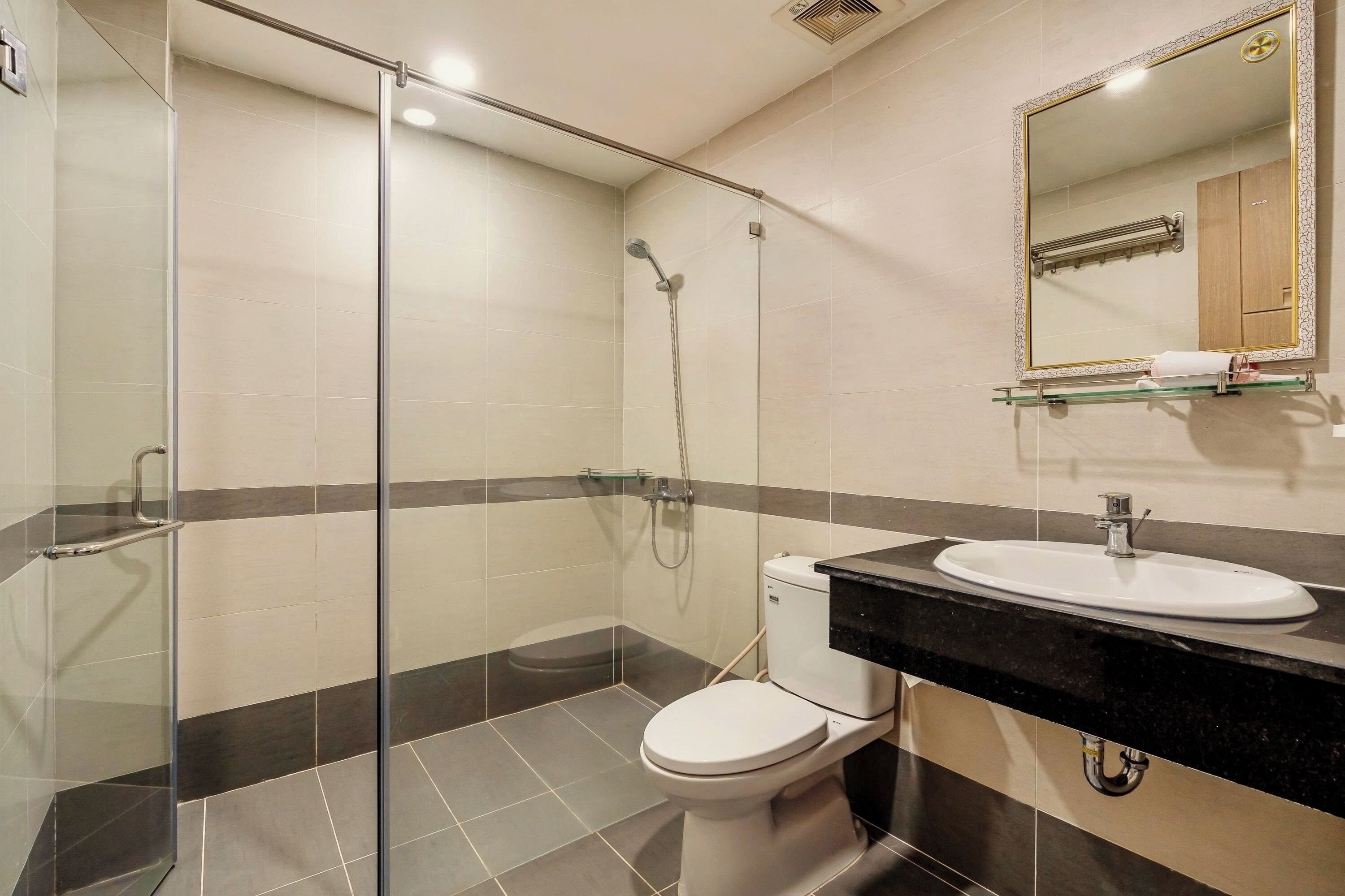 A modern bathroom with a glass-enclosed shower, a toilet, and a sink with a mirror above.