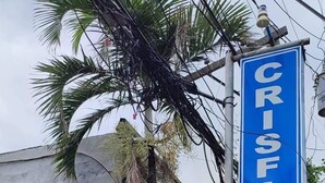 A blue sign for CRISLIS Lodge, Inc. with a stone pillar and greenery in front. - CRISFILS LODGE INCORPORATED (Dumaguete)