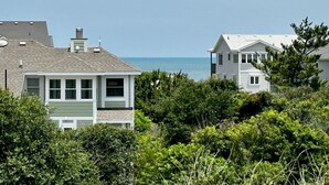Una casa sul mare con vista sull'oceano, immersa nel verde.