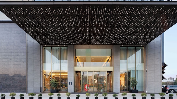 Ingresso di un edificio moderno con soffitto decorato, ampie porte in vetro e piante in vaso.