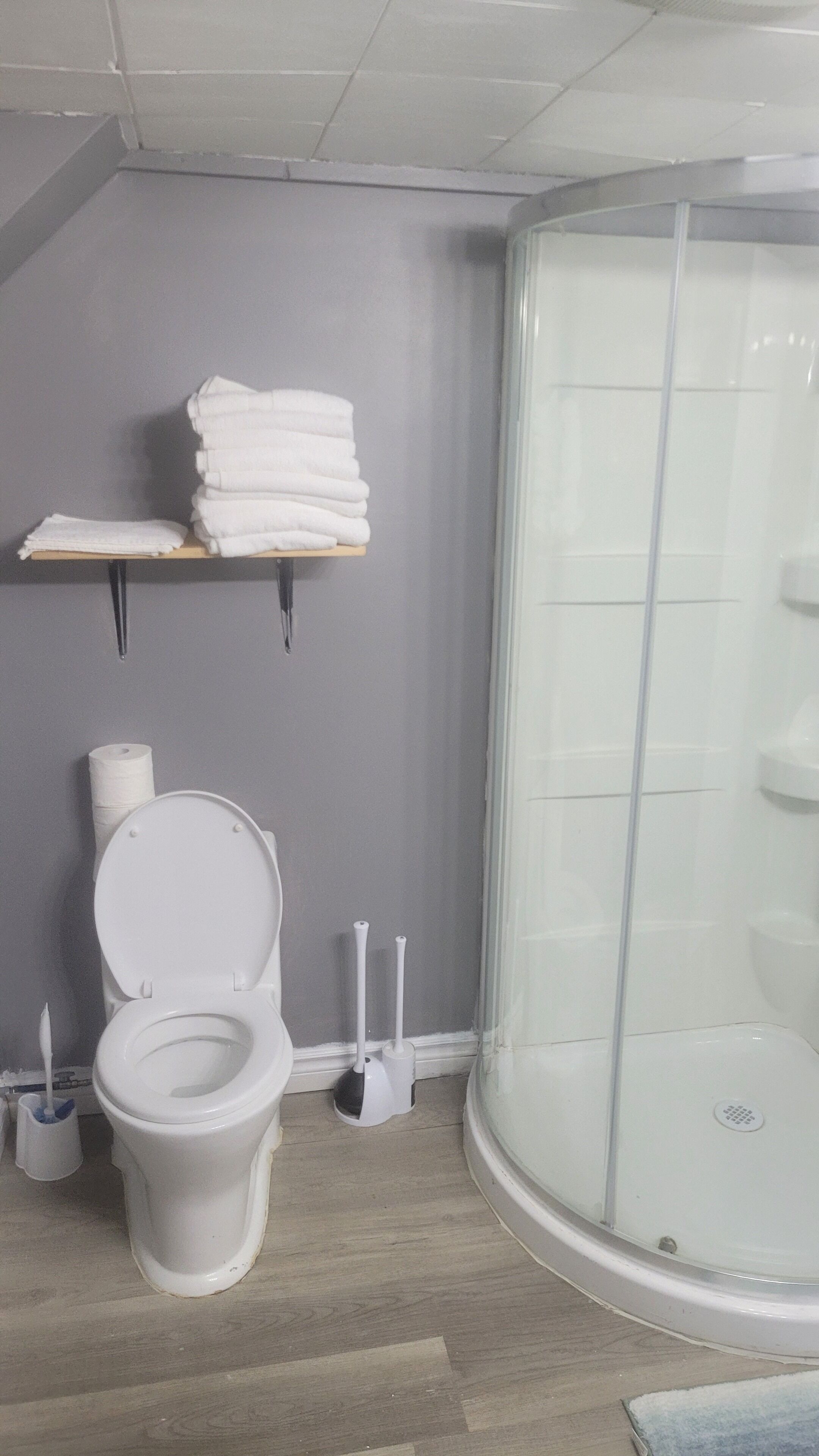 Shower, towels, soap, shampoo