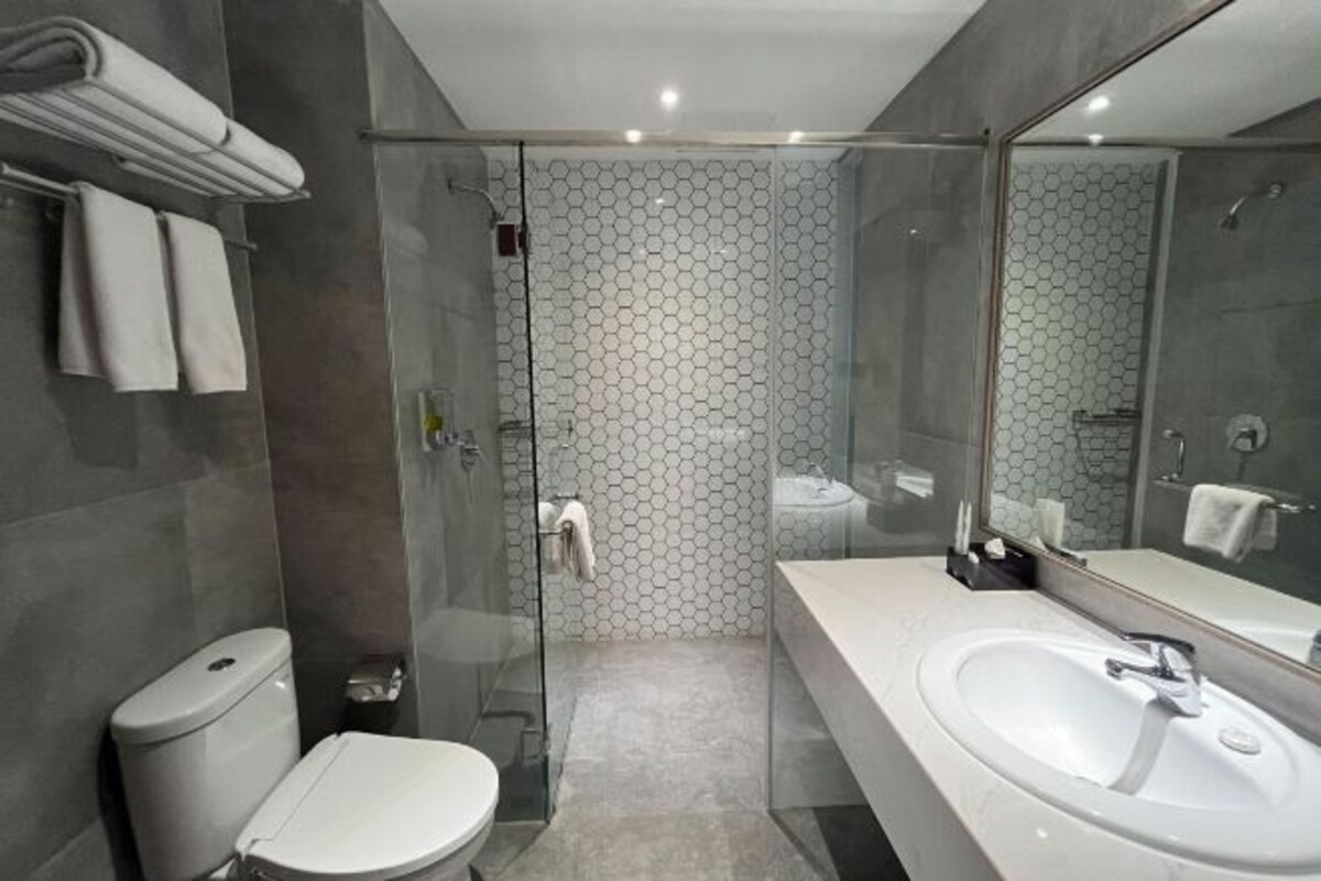Une salle de bain moderne avec une douche à parois de verre, des toilettes blanches et un grand meuble-lavabo avec un miroir.