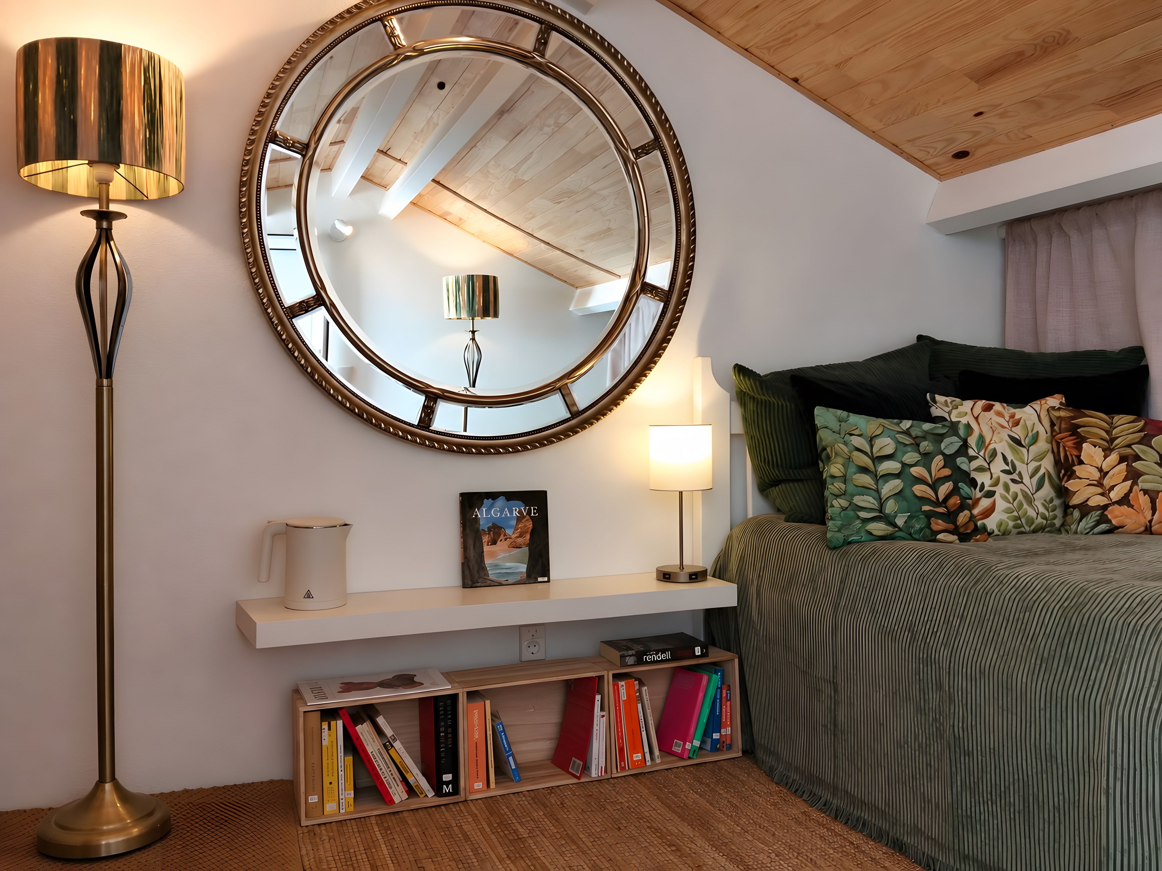 Une chambre à coucher avec un miroir rond, une lampe de chevet, une bibliothèque et un lit agrémenté d’oreillers à motifs.