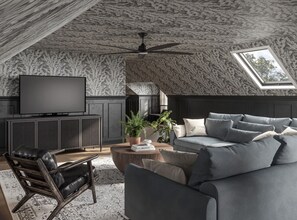 Smart TV, fireplace, video games, books