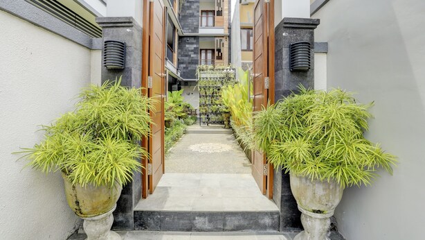 Un estrecho sendero conduce a un edificio de diseño moderno, bordeado por macetas con plantas y una entrada decorativa.