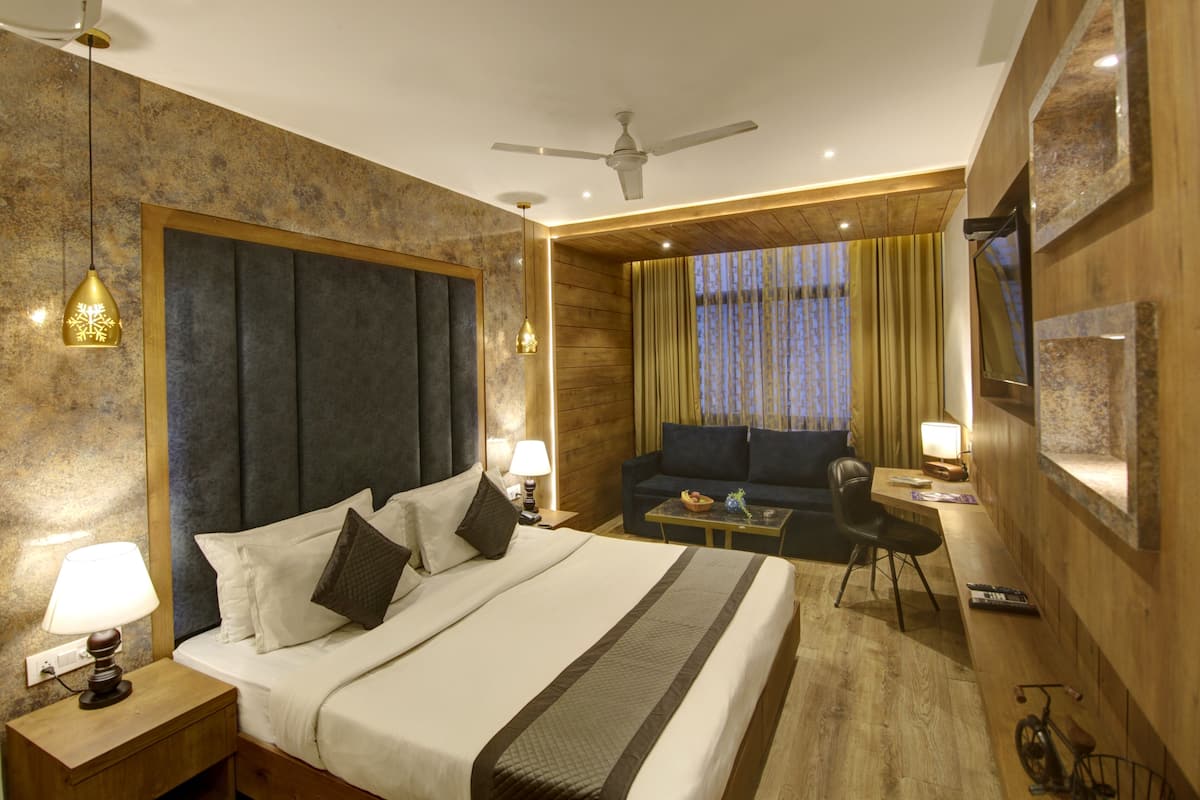 A hotel room with a bed, a sofa, a desk, and a bicycle.