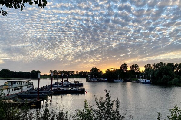 Enjoy a serene riverside setting surrounded by lush greenery and calm waters.