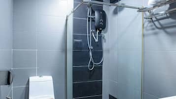 Rainfall showerhead, hair dryer, slippers, towels