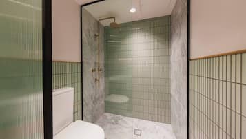 Tweepersoonskamer | Badkamer | Een douche, handdoeken
