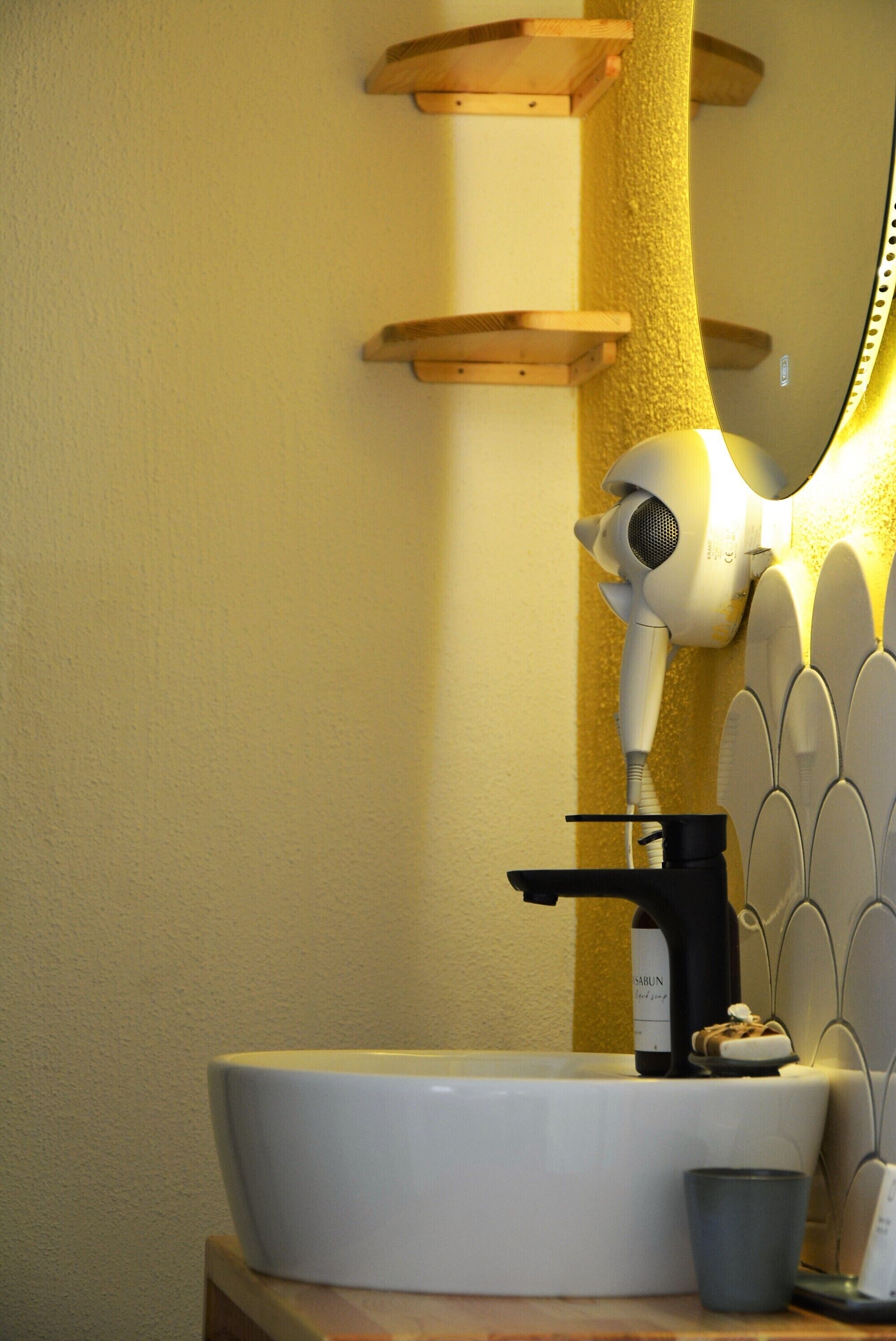 A bathroom with a white sink, a hairdryer mounted on the wall, and a bottle of hand soap.