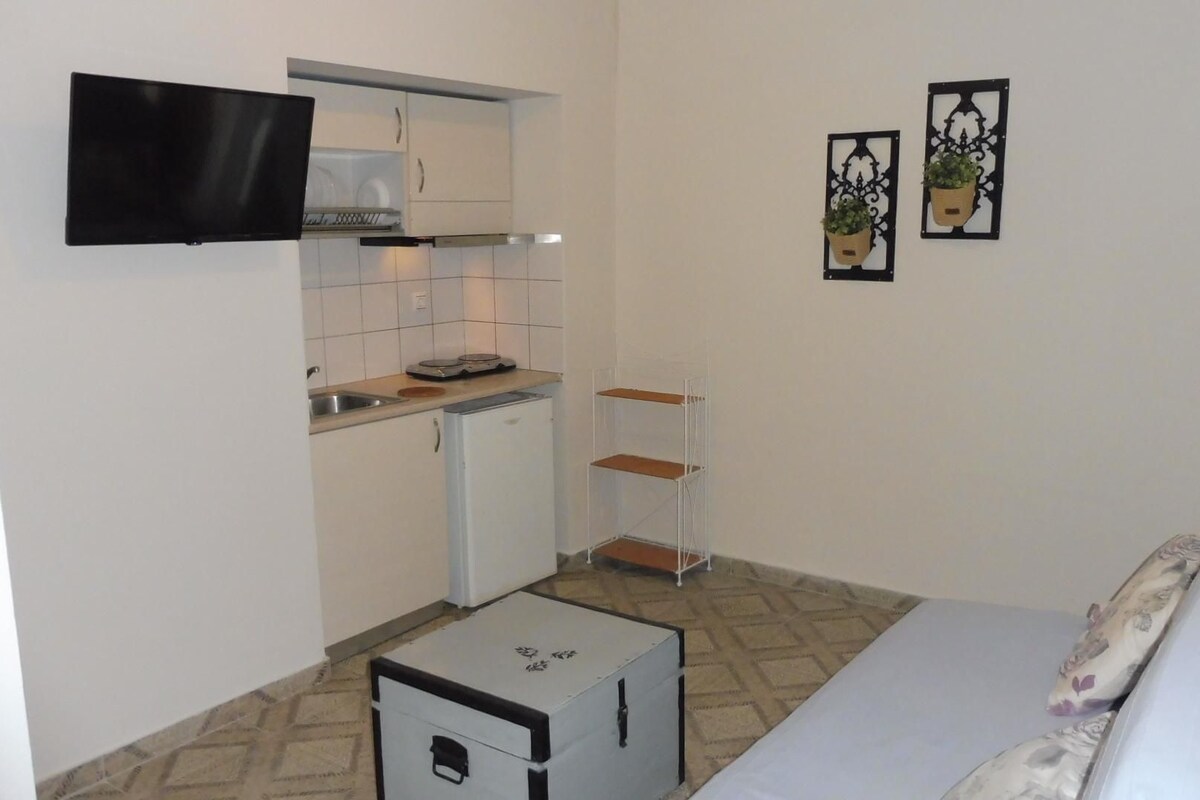 Una cocina compacta equipada con microondas, pileta y heladera pequeña. Hay un televisor colocado sobre la mesada, un estante y una cama con cubrecama estampado.