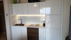 A compact kitchen with white cabinetry, a stainless steel sink, and a built-in stove. - Top Floor Aparthotel Bentivoglio (Catania)