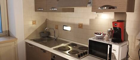 Kühlschrank, Mikrowelle, Herdplatte, Wasserkocher mit Kaffee-/Teezubehör