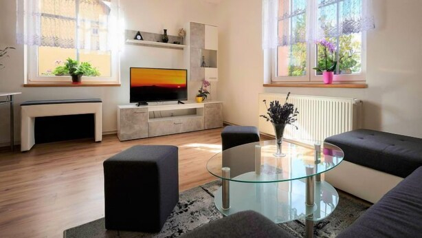 A modern living room with a flat-screen TV, a glass coffee table, and a sofa. - Formanka by Interhome (Liberec)