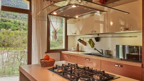 Une cuisine moderne équipée d’une cuisinière à gaz, de meubles en bois et offrant une vue sur la verdure grâce à de grandes fenêtres.
