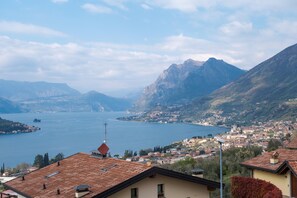 A coastal town with a view of a lake and mountains.