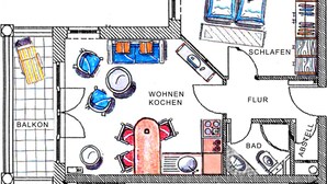 Grundriss eines Hotels mit Balkon, Wohnzimmer, Küche, Bad und Duschbereich.