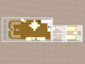 A floor plan of a hotel room with a living area, kitchenette, and a separate bathroom. - House Seekaiser Little Seekaiser (Norderney)
