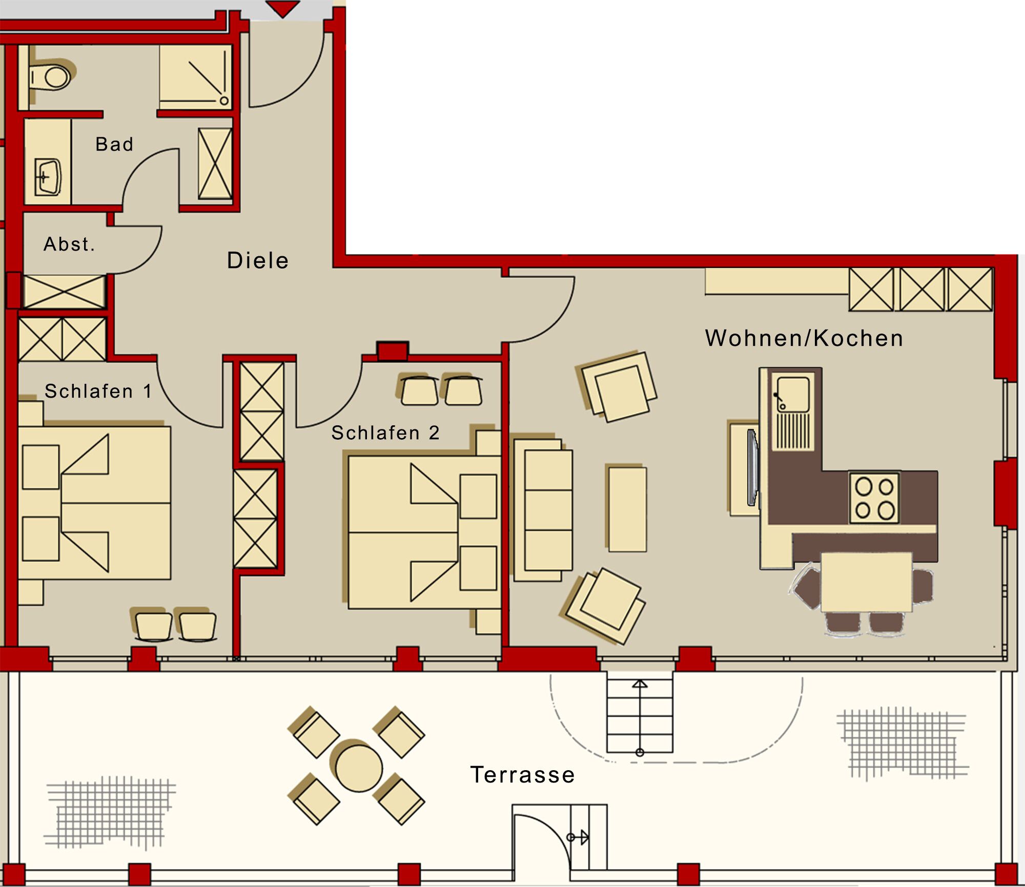 A hotel layout with two bedrooms, a bathroom, a dining area, a kitchen, and a terrace.
