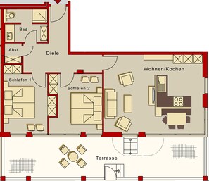 Un hôtel proposant des chambres avec deux lits, une salle de bain, un coin repas, une cuisine et une terrasse.