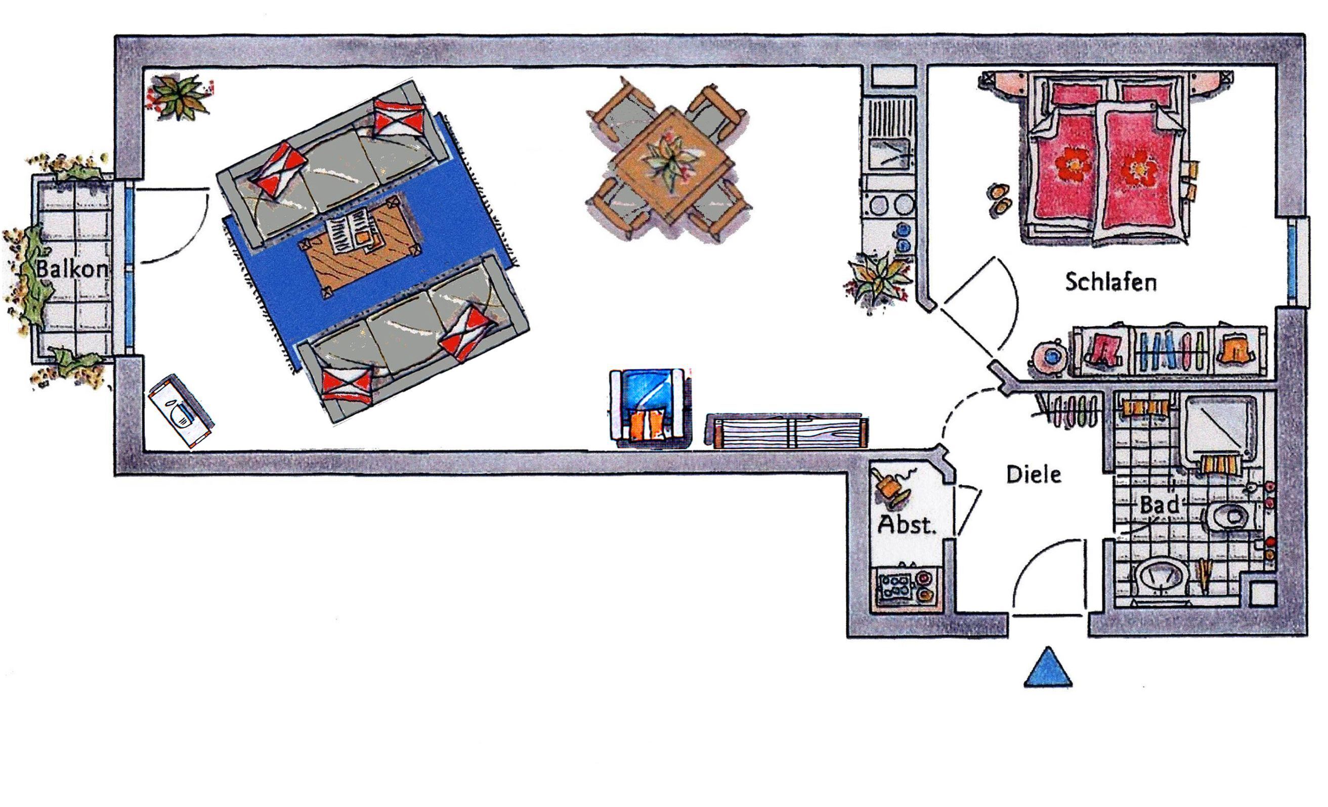 A hotel layout with a balcony, a dining area, a living room, a kitchen, and a bathroom.
