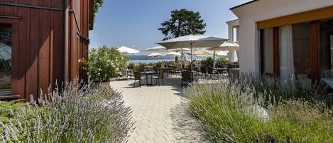 An outdoor patio area with tables and chairs, surrounded by lavender plants and a view of the sea.