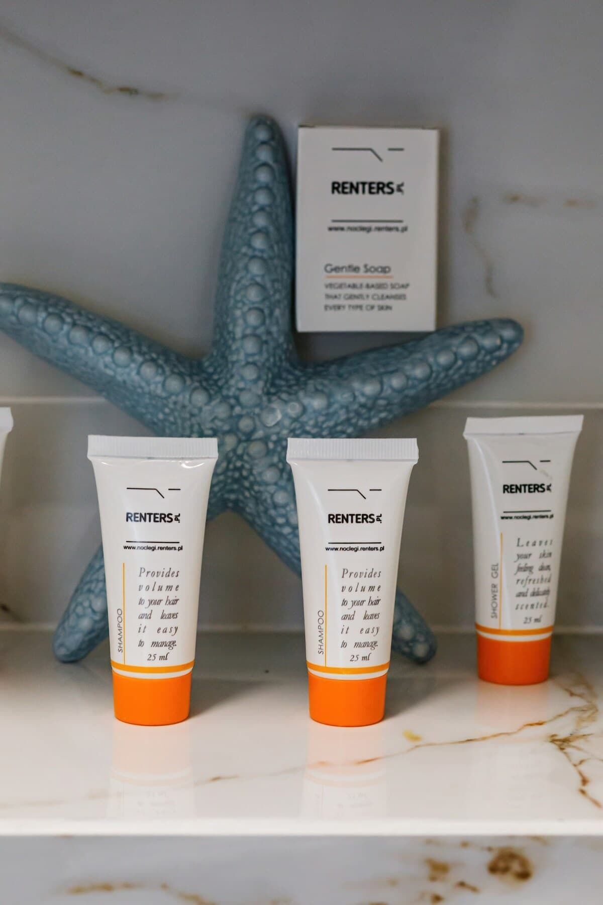 A close-up of premium toiletries provided for guests, adding a luxurious touch.

